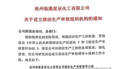滄州臨港星辰化工有限公司關于設立清潔生產審核組織機構的通知